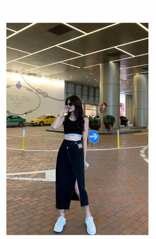 High Waist Irregular Split Long Jeans Skirt