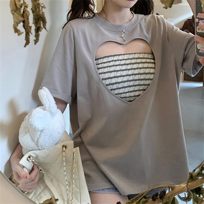 Short Sleeve Cute Heart Hollow Out Shirt