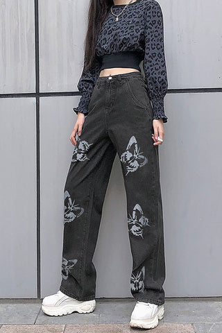 High Waist Butterfly Printed Loose Jeans Pants