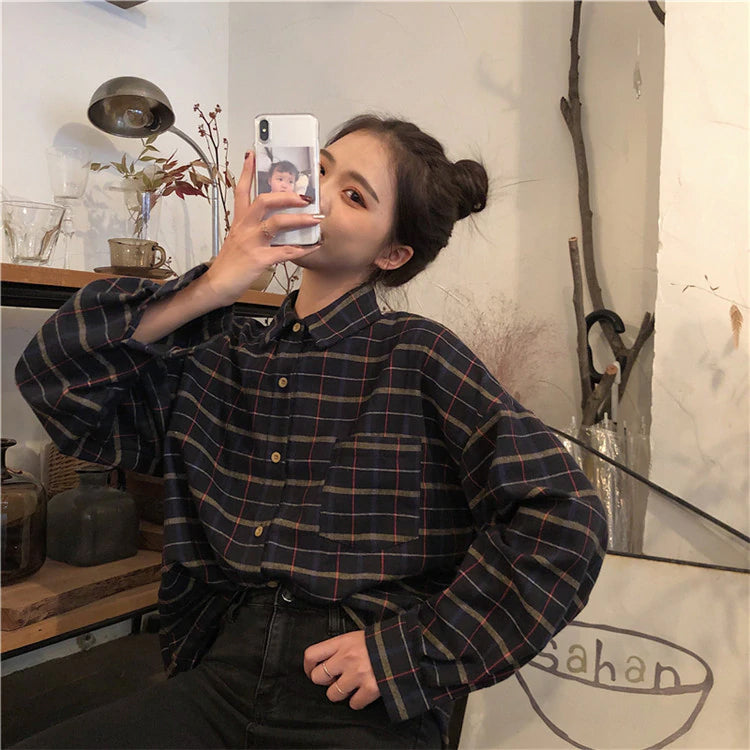 Simple Vintage Plaid Loose Shirt