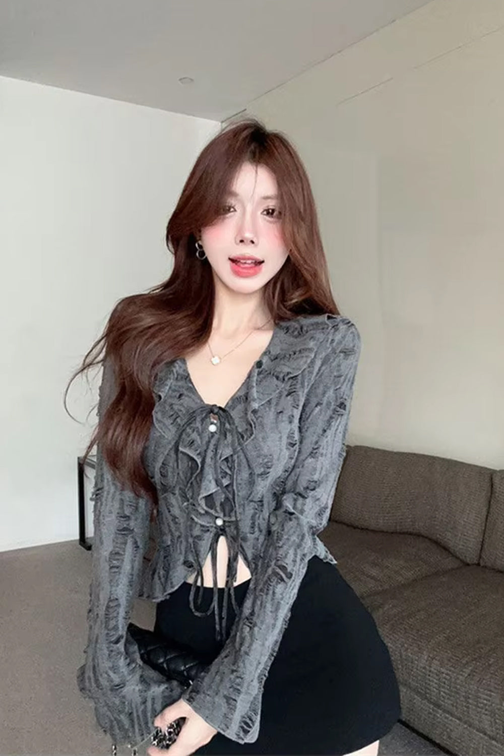 Long Sleeve V-Neck Sexy Ruffles Cropped Shirt