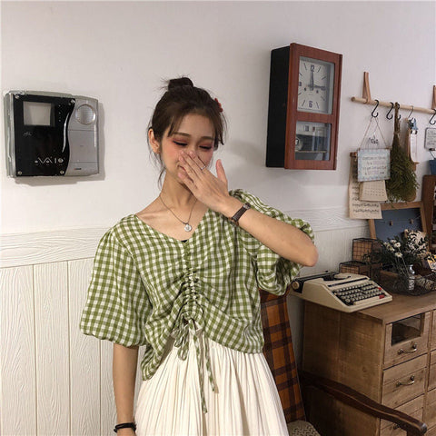 V-Neck Cute Plaid Lace Tie Short Sleeve Shirts
