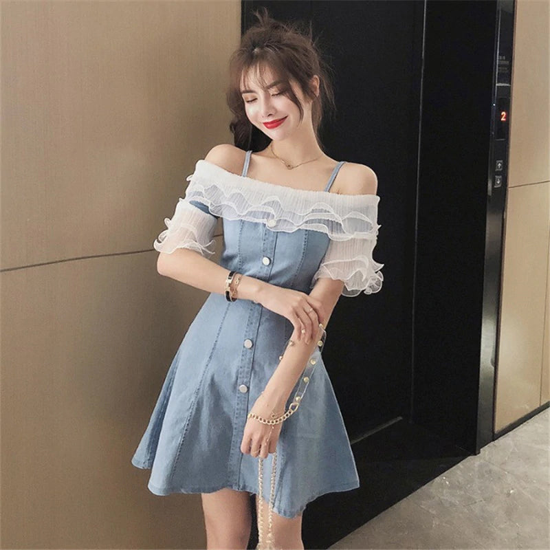 Ruffles Sexy Off Shoulder Denim Dress