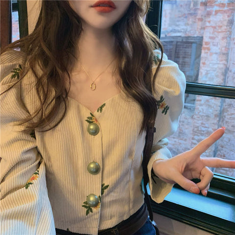 Flowers Embroidery Retro Corduroy Shirts