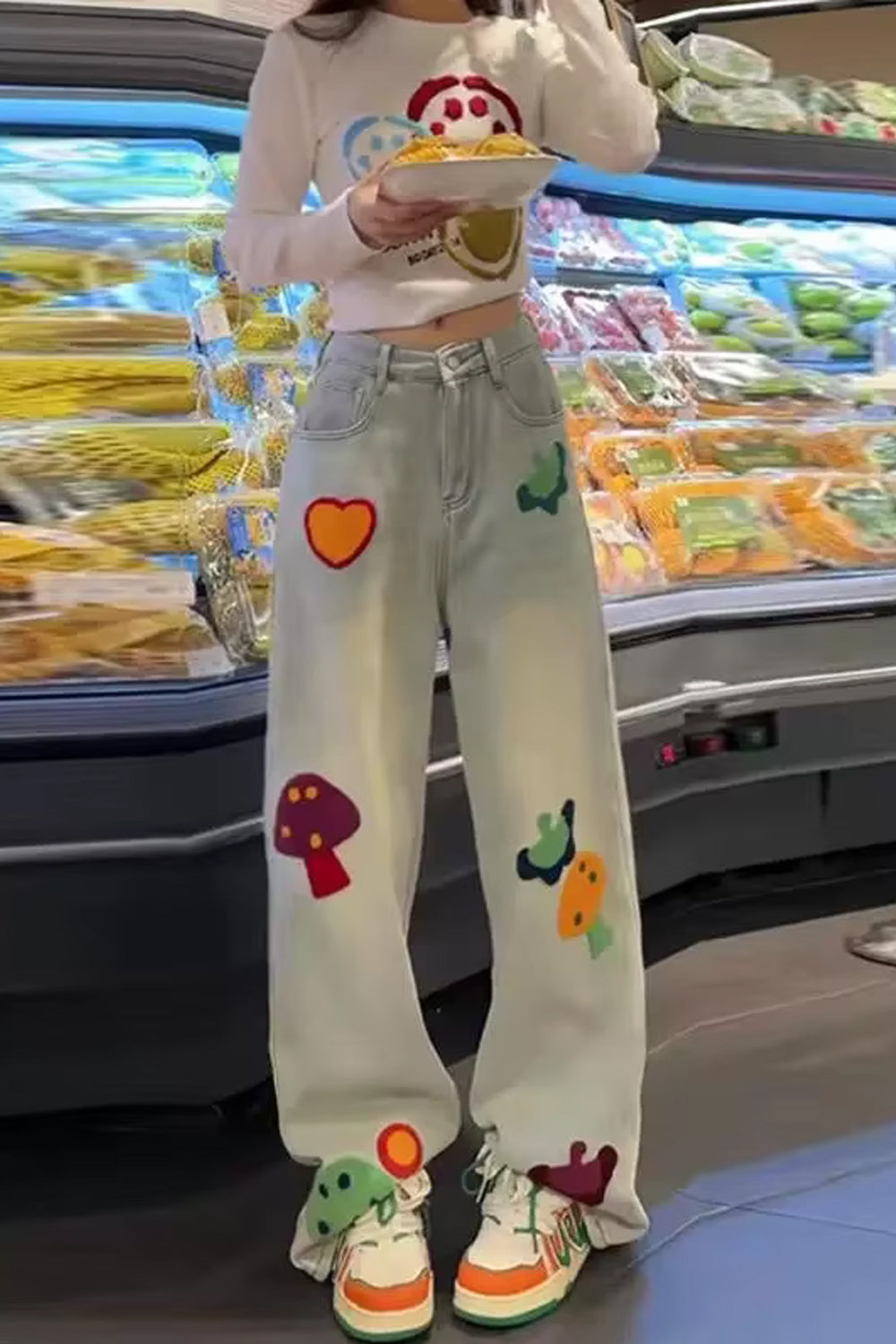 High Waist Cute Mushroom Embroidered Jeans Pants