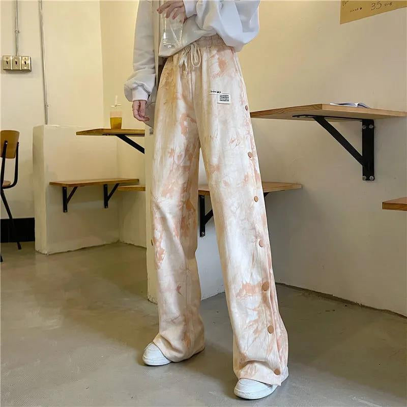 High Waist Loose Side Button Tie Dye Long Pants