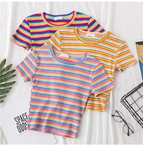 Rainbow Striped Cropped Slim Shirt