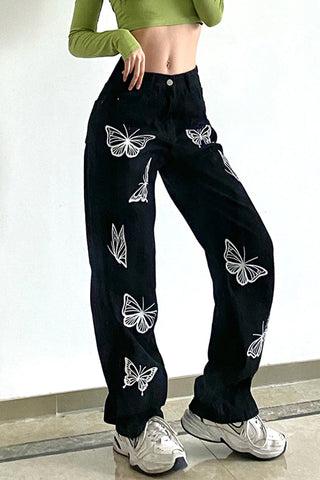 Casual Butterfly Printed Black Jeans Pants