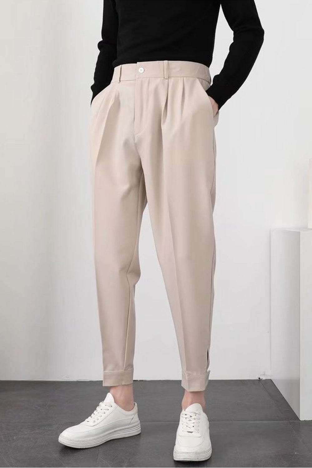 Elastic Waist Slim Pleated Long Men Pants