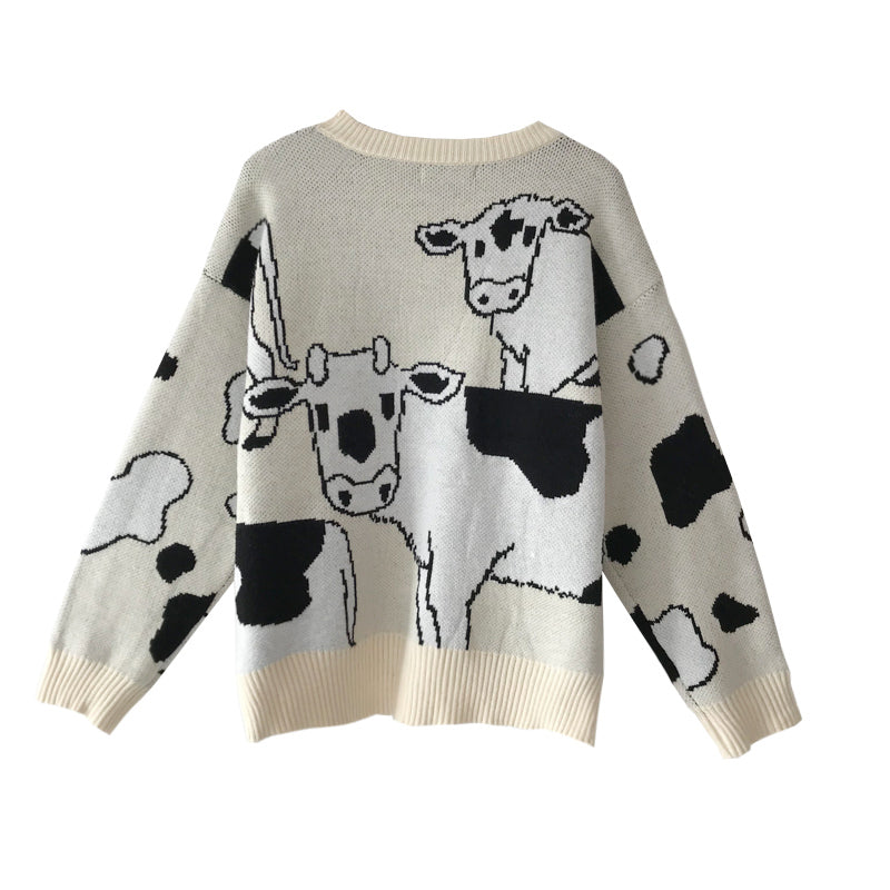 Lockerer Pullover mit Kawaii-Kuh-Print