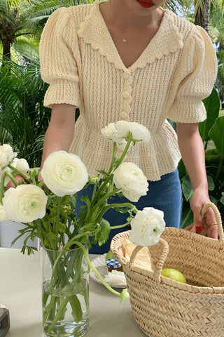 Kurzarm-Retro-Bluse mit Kerbe 