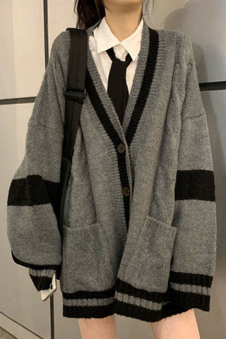 Loose Grey Striped Cardigan Sweater