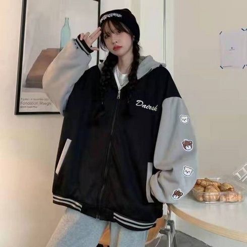 Bear Sleeve Printed Hooded Baseball Jackets