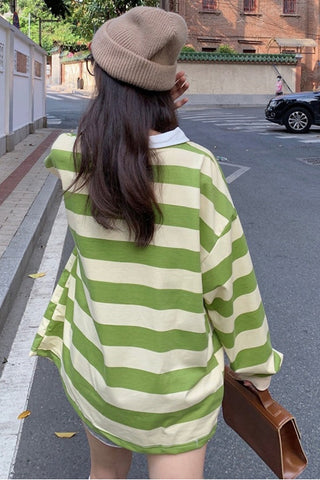 Retro Green Striped Turn Down Collar Sweater