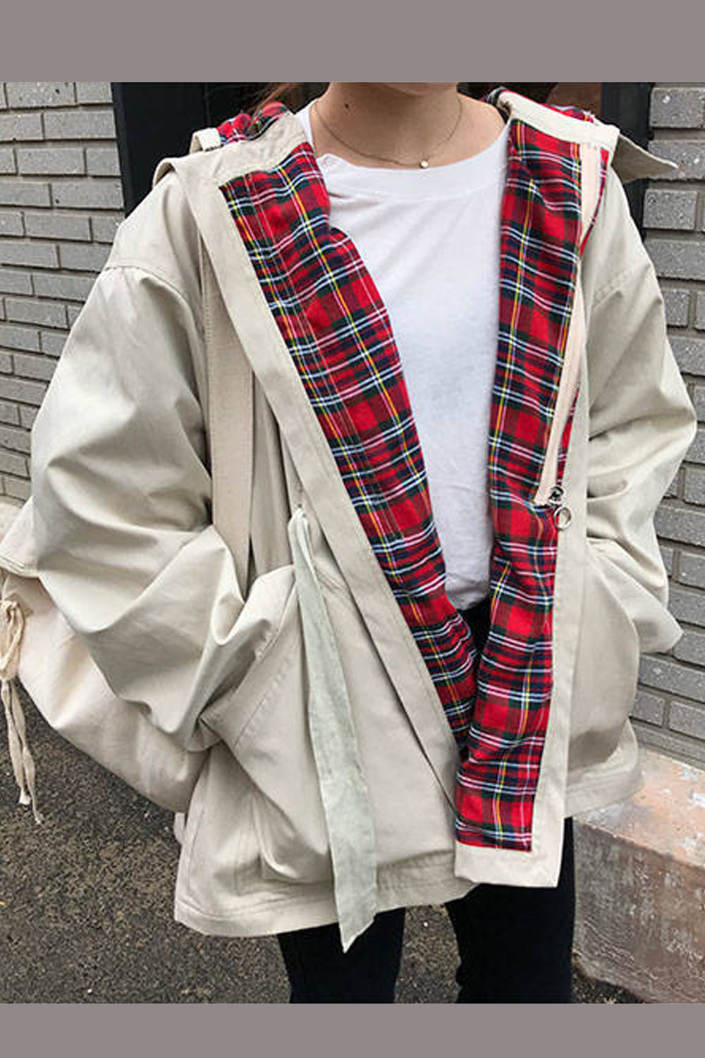 Plaid Spliced Retro Windbreaker Coat Jacket