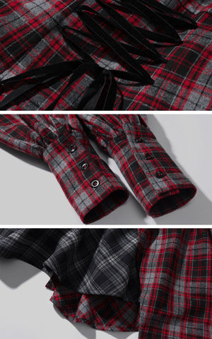 Asymmetric Plaid Off-Shoulder Dress with Draped Panels