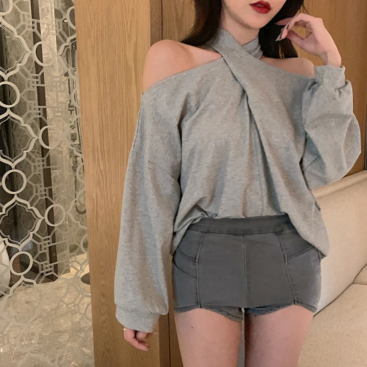 Cross Neck Lantern Sleeve Cropped Shirt