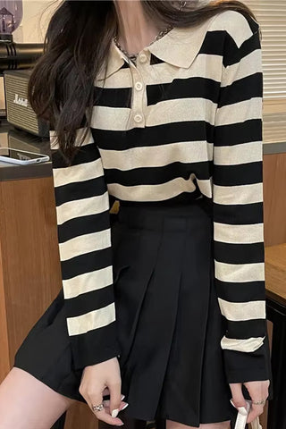 Long Sleeve Turn Down Collar Striped Slim Sweater