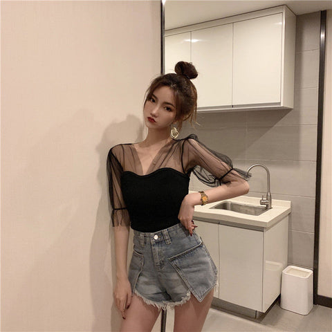 Sexy transparentes Strickshirt mit Puffärmeln und Netzstoff 