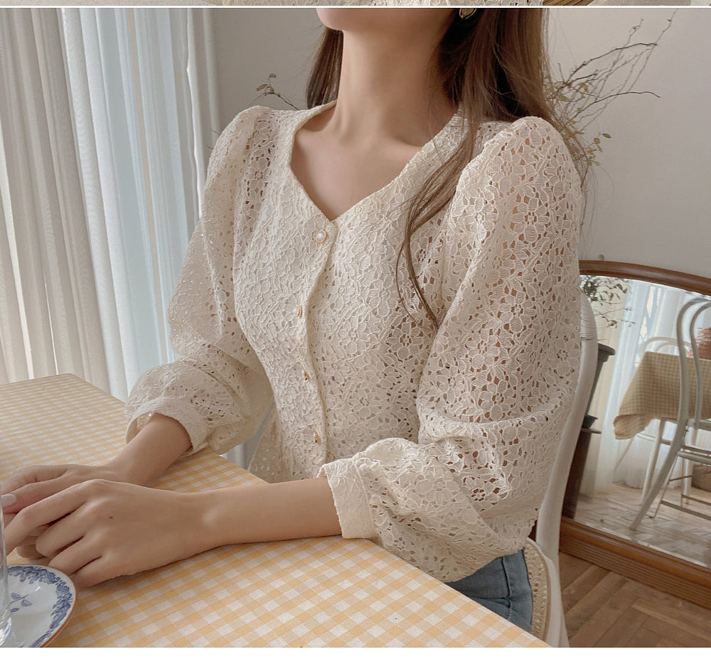 Long Sleeve Lace Up Hollow Out Blouse Shirt