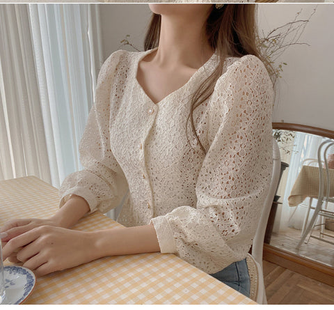 Long Sleeve Lace Up Hollow Out Blouse Shirt