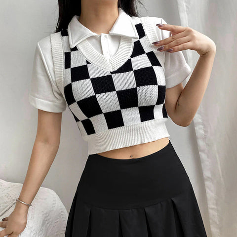 Checkered Printed Crop Tops Slim Sweater