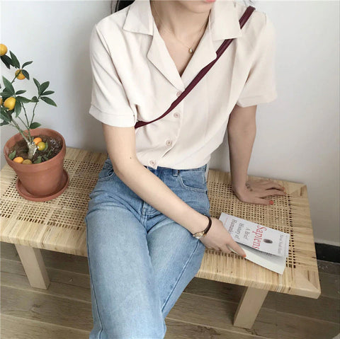 Notched Short Sleeve Blouse Shirt
