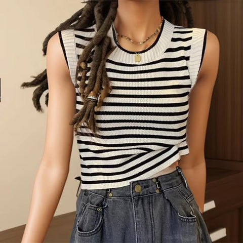 O-Neck Striped Sleeveless Knitted Tank Top