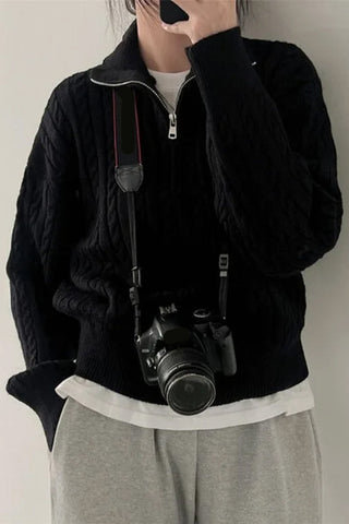 Long Sleeve High Collar Zipper Neck Knitted Sweater