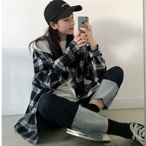 Black Plaid Hooded Loose Jacket