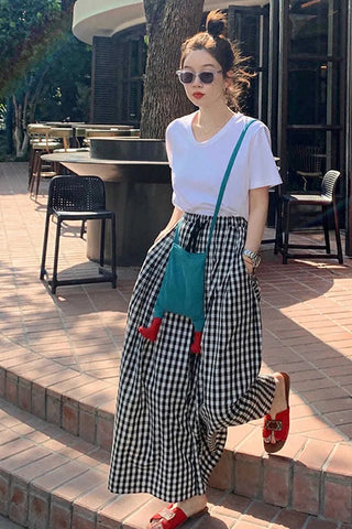 Retro Plaid Elastic Waist Wide Leg Loose Pants