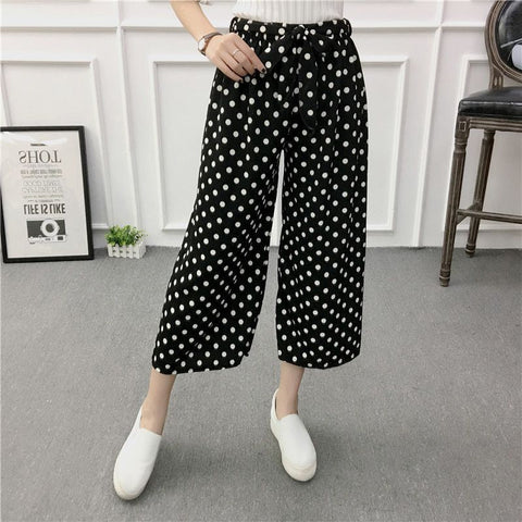 Loose Elegant Polkadot Elastic Waist Belted Pants