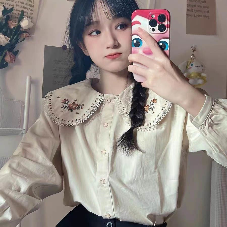 Long Sleeve Cute Peter Pan Collar Flower Blouse Shirt