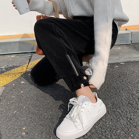High Waist Zipper Corduroy Pencil Long Pants