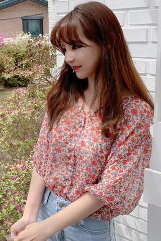 Flowers Notched Style Collar Blouse Shirt