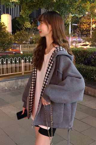 Loose Plaid Side Hooded Jacket