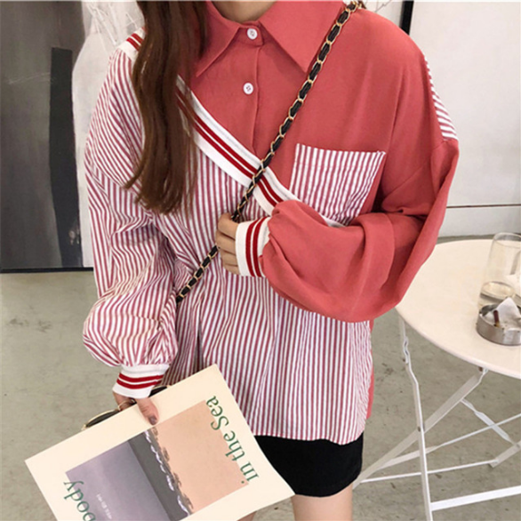 Striped Vintage Pockets Turn Down Collar Shirt