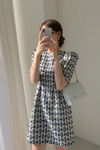 High Waist Puff Sleeve Plaid Knitted Elegant Party Dress