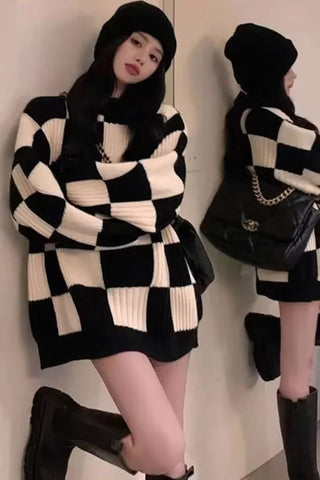 Long Sleeve Plaid Checkered Knitted Sweater
