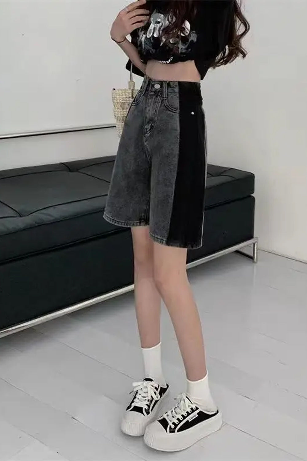 High Waist Black Side Grey Denim Shorts