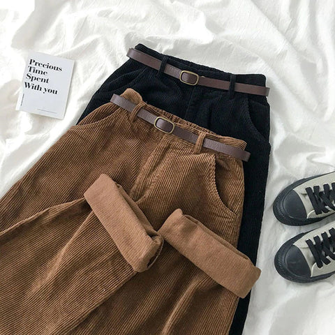 High Waist Wide Leg Corduroy Long Pants with Belt