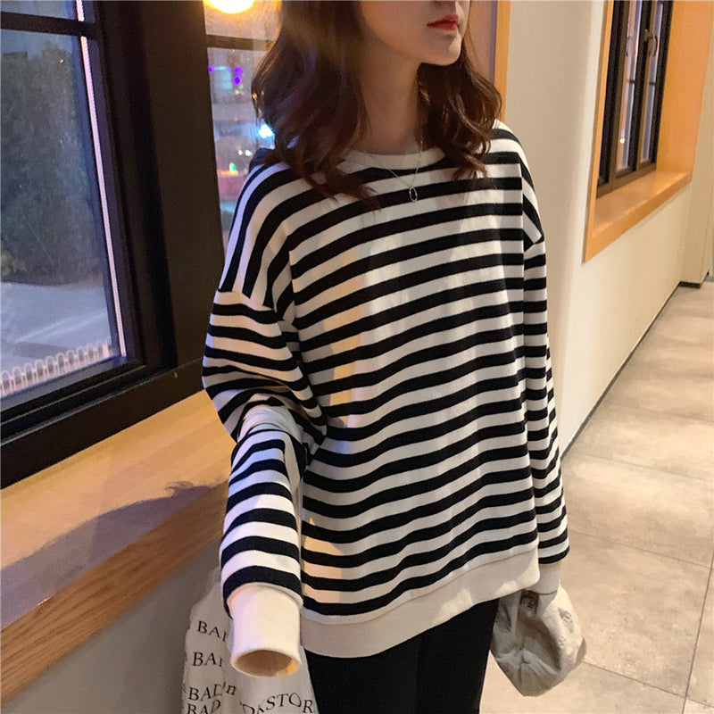 Long Sleeve O-Neck Simple Striped Sweatshirt