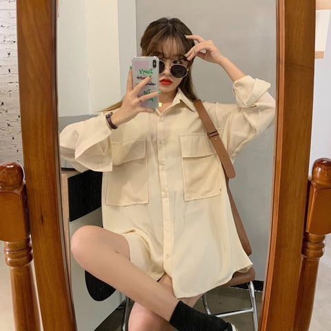 3 Colors Loose Pocket Stylish Blouse Shirt