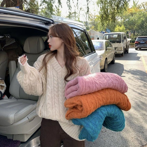 Long Sleeve V-Neck Knitted Warm Sweater