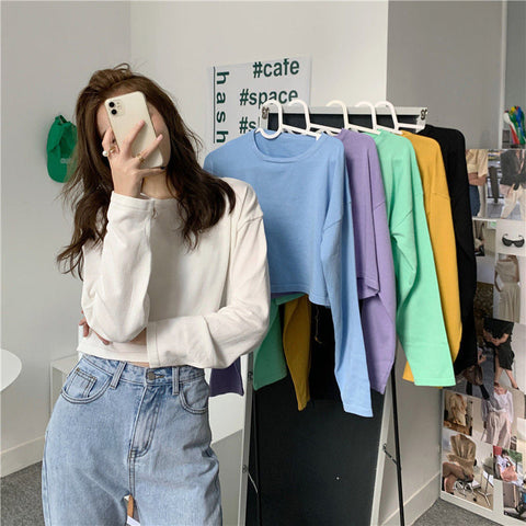 Long Sleeve Candy Colors Crop Sweater