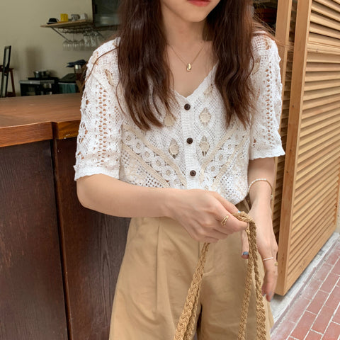 V-Neck Chic Hollow Out Short Sleeve Shirt