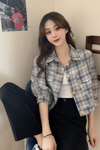 Three Quarter Sleeve Plaid Blouse Crop Top