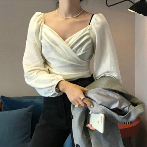 Sexy Long Puff Sleeve Slim Blouse Shirt