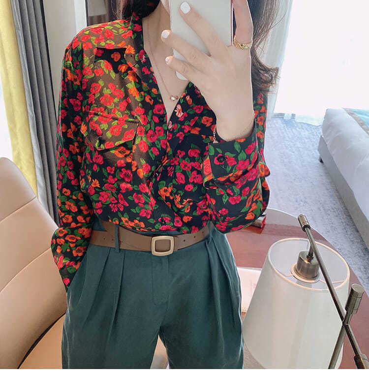 Long Sleeve Flowers Pattern Notched Blouse Shirt