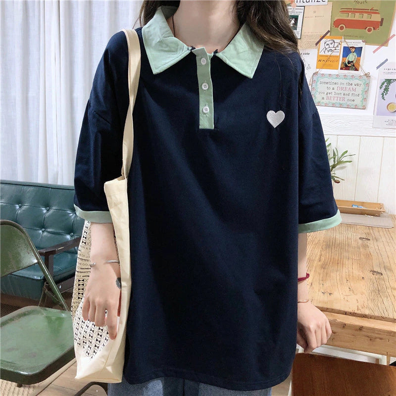 Loose Heart Pocket Printed Collar Shirt